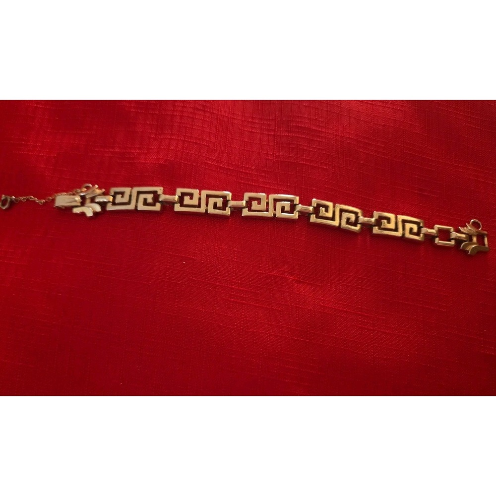 Vintage Barclay Signed Gold Tone Bracelet Greek Key Link w Safety Chain 7.50 in